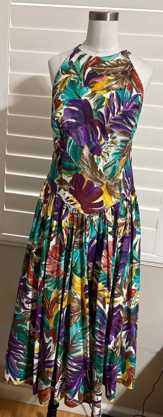Vintage Geary Roark Kamisato Tropical Floral Print Cotton Maxi Dress Size 14 - Picture 9 of 9